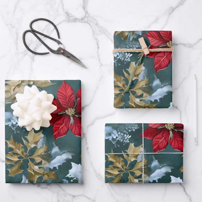 Feuille De Papier Cadeau Rustic Christmas Poinsettia Wrapping Paper   (Recto)