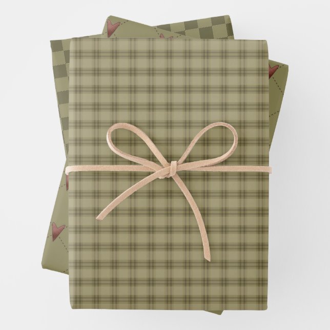 Feuille De Papier Cadeau Rustic Country Homespun et Coeurs (En situation)