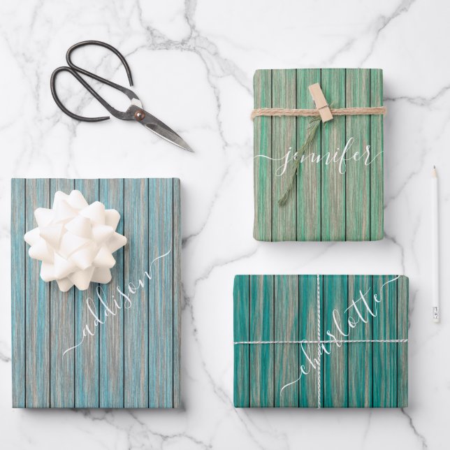 Feuille De Papier Cadeau Rustic Ggreen Blue Wood Nom personnalisé Cadeau (Recto)