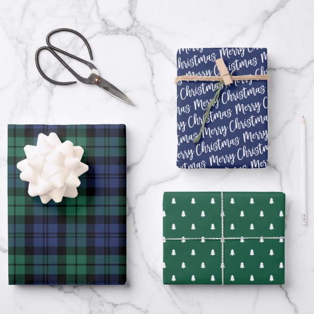 Feuille De Papier Cadeau Rustic Green Blue Watch Plaid Joyeux Noël (Recto)