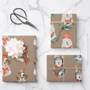 Feuille De Papier Cadeau Rustic Kraft grands chiens habillés pour Noël
