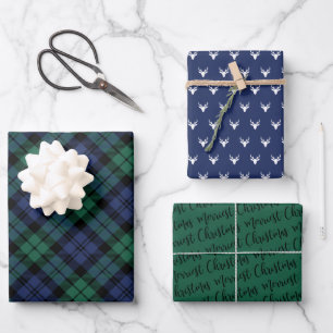 Feuille De Papier Cadeau Rustic Navy et Green Watch Joyeux Noël