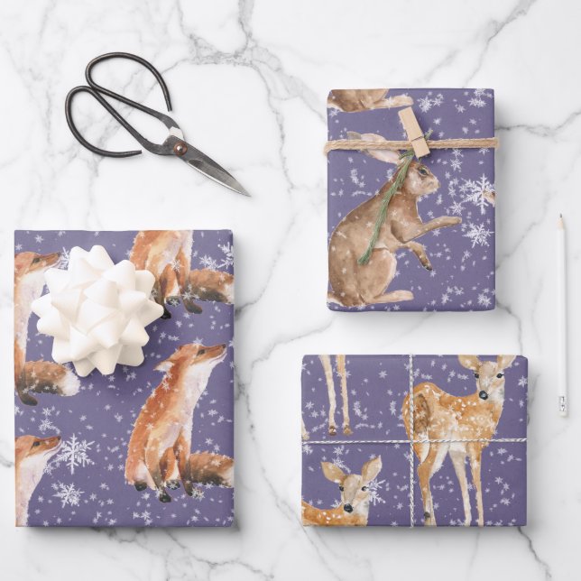 Feuille De Papier Cadeau Rustic Purple Grape Elegant Snowy Winter Animals (Recto)