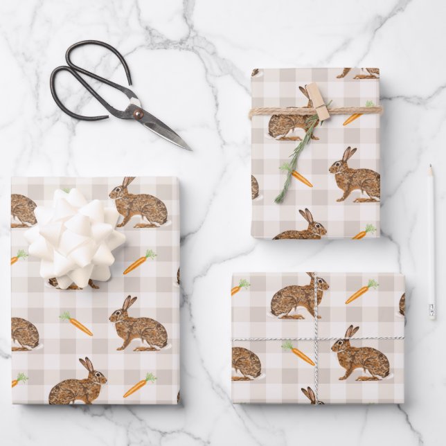 Feuille De Papier Cadeau Rustic Spring Hares And Carrots Beige Pattern (Recto)