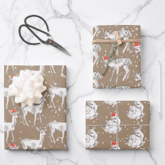 Feuille De Papier Cadeau Rustique Kraft Blanc bébé Doe Reindeers Santa Hat (Recto)