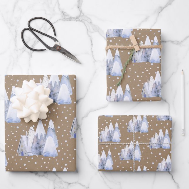 Feuille De Papier Cadeau Rustique Kraft Bleu Snowy Ski Chalet Montagnes (Recto)