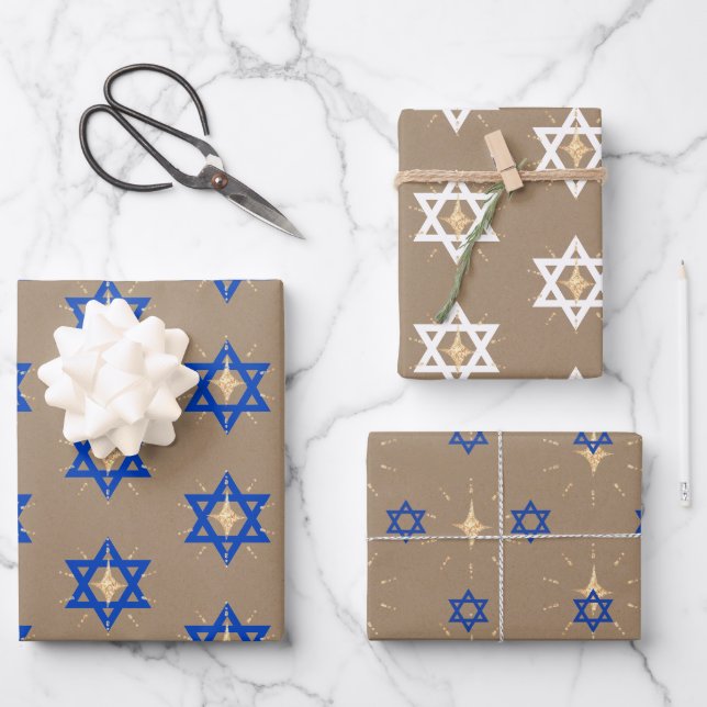 Feuille De Papier Cadeau Rustique Kraft brillant étoile de David Hannukah (Recto)