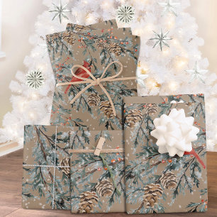Feuille De Papier Cadeau Rustique Kraft Cardinal Juniper Branches Berries 2