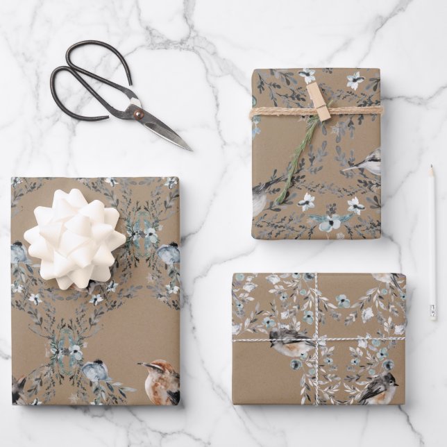 Feuille De Papier Cadeau Rustique Kraft Dusty Blue Winter Birds Nesting (Recto)