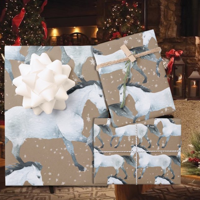 Feuille De Papier Cadeau Rustique Kraft Élégant Cheval blanc neige (Créateur téléchargé)