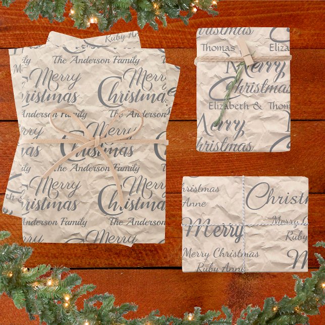 Feuille De Papier Cadeau Rustique Kraft Élégant Gris Script Joyeux Noël (Créateur téléchargé)