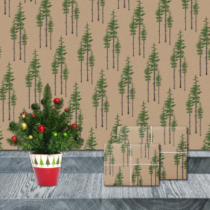 Feuille De Papier Cadeau Rustique Kraft Forêt de pins orientaux