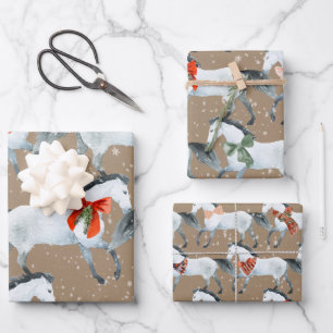 Feuille De Papier Cadeau Rustique Kraft Hiver Chevaux de vacances blancs