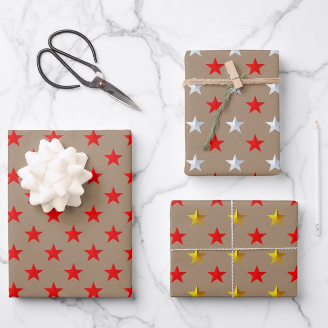Feuille De Papier Cadeau Rustique Kraft Red Gold Argent Stars Noël (Recto)