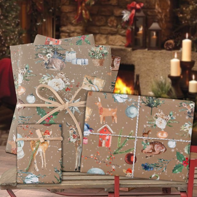 Feuille De Papier Cadeau Rustique Kraft Tout Noël (Rustic Kraft Everything Christmas Holiday Gift Wrapping Paper Sheets Trio)