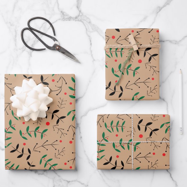 Feuille De Papier Cadeau Rustique Kraft Winter Woodland Greenery (Recto)