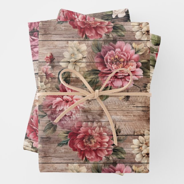 Feuille De Papier Cadeau Rustique Pays Perdu Bois Rose Flores (En situation)