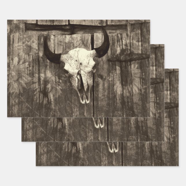 Feuille De Papier Cadeau Rustique Western Taureau Brown Sepia Tournesols (Lot)