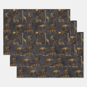 Feuille De Papier Cadeau Safari Animaux en bleu foncé