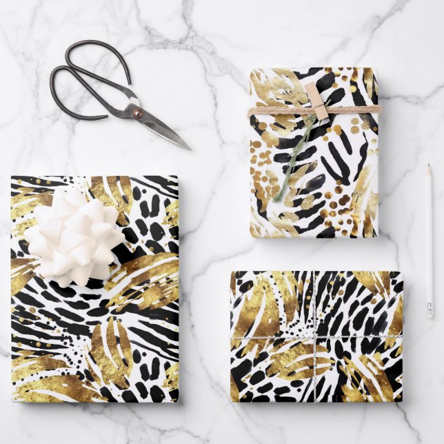 Feuille De Papier Cadeau Safari Animaux Fourrure Motif Or et noir (Recto)
