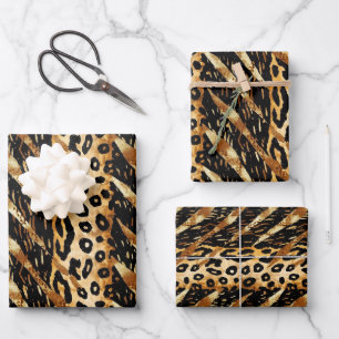 Feuille De Papier Cadeau Safari Animaux Fourrures Motif Noir et or