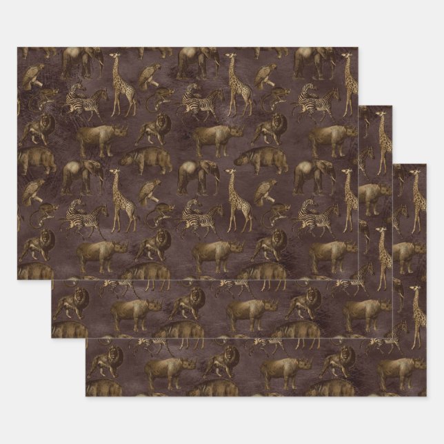 Feuille De Papier Cadeau Safari Animaux sur Dark Brown (Lot)