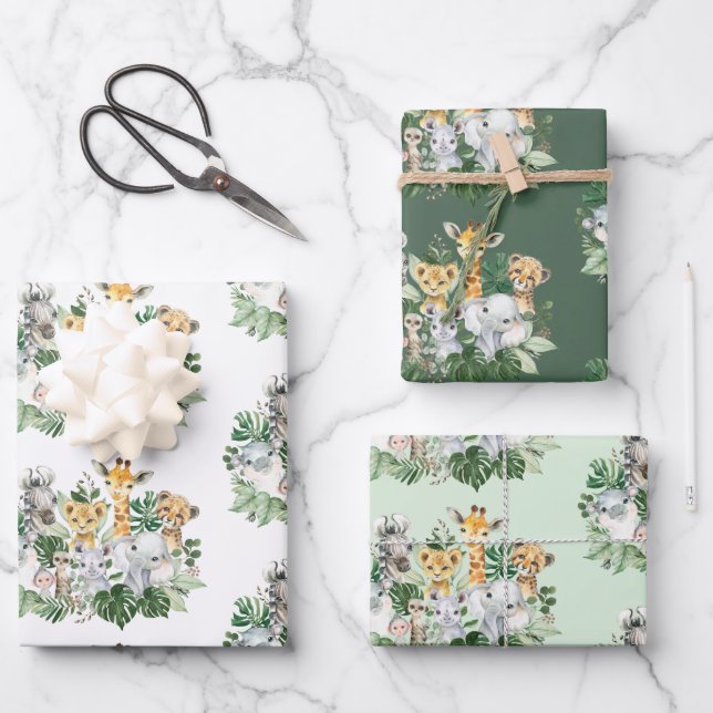 Feuille De Papier Cadeau Safari tropical Animaux Jungle Green Party sauvage (Recto)