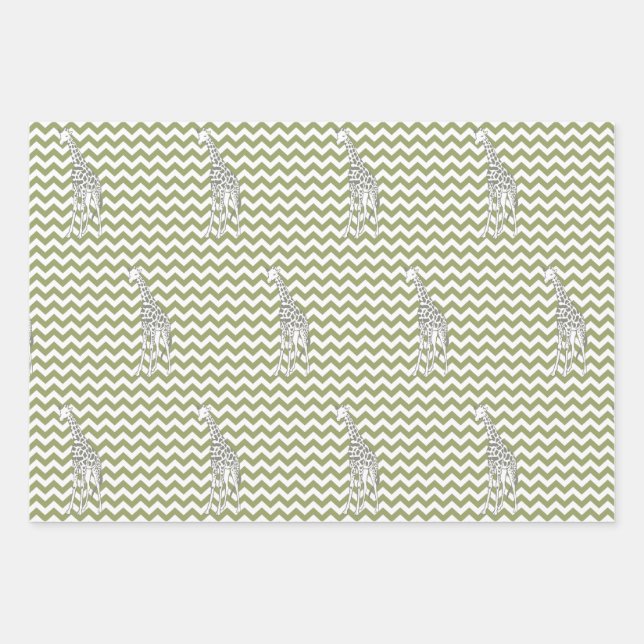 Feuille De Papier Cadeau Safari vert Chevron avec Giraffe d'Art Pop (Devant)