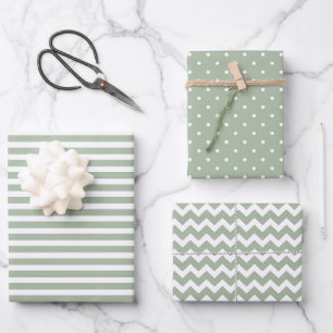 Feuille De Papier Cadeau Sage Green & White Stripes Polka Dot Chevron
