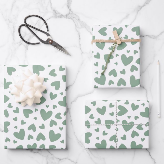 Feuille De Papier Cadeau Sage romantique Vert Coeurs d'amour (Recto)