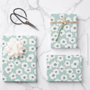 Feuille De Papier Cadeau Sage Vert Blanc Gris Floral Boho tendance