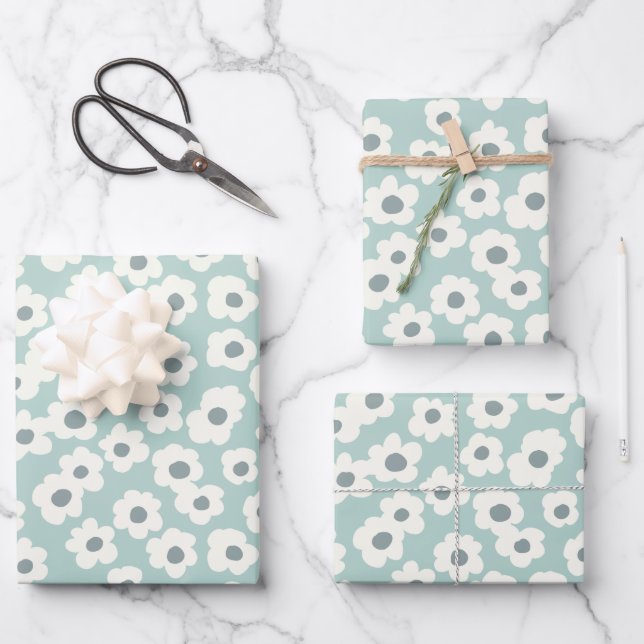 Feuille De Papier Cadeau Sage Vert Blanc Gris Floral Boho tendance (Recto)