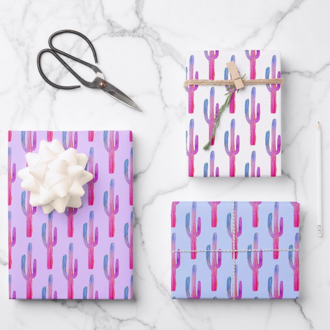 Feuille De Papier Cadeau Saguaro Cactus Désert Plantes violet bleu mou Cade (Recto)