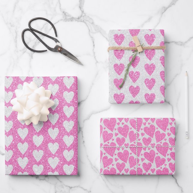 Feuille De Papier Cadeau Saint-Valentin Anniversaire rose blanc Coeurs de P (Recto)