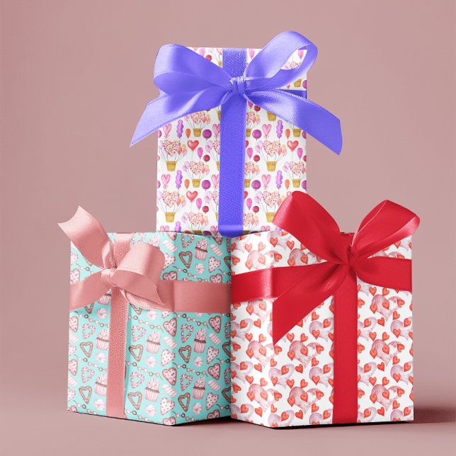 Feuille De Papier Cadeau Saint Valentin Aquarelle Coeurs Cupcakes Balloon (Créateur téléchargé)