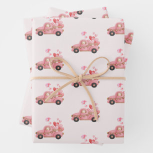 Feuille De Papier Cadeau Saint Valentin Camion Vintage rose et ballons