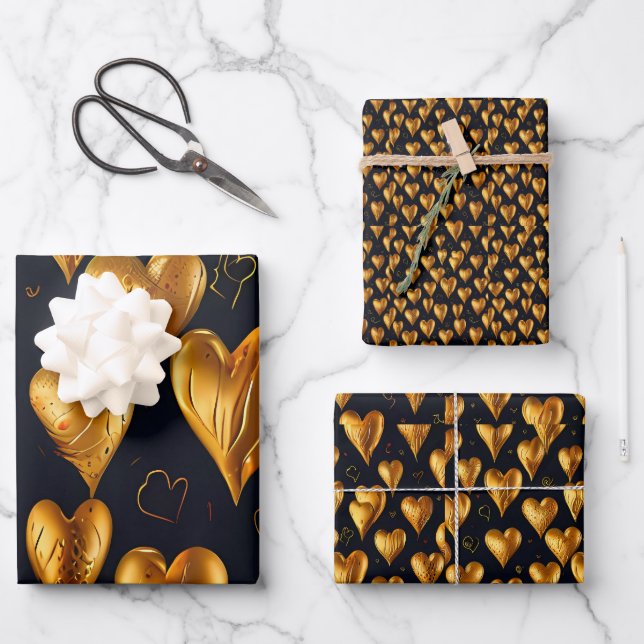 Feuille De Papier Cadeau Saint Valentin Coeurs d'or de l'amour (Recto)