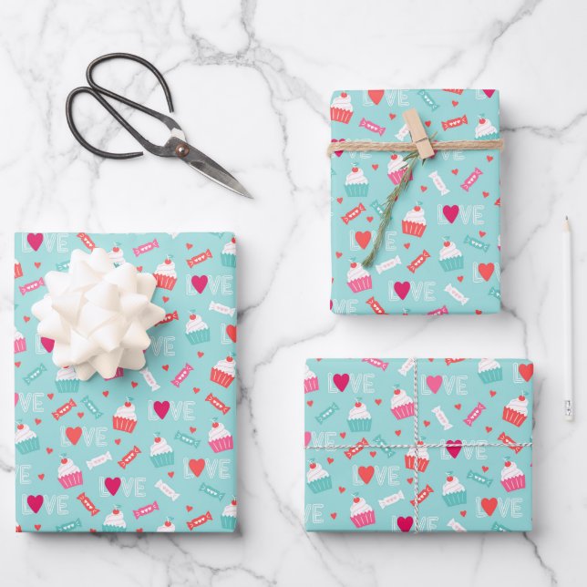 Feuille De Papier Cadeau Saint Valentin Cupcakes Candy Coeurs rouges (Recto)
