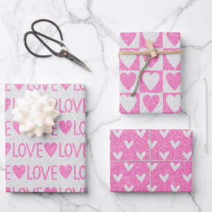 Feuille De Papier Cadeau Saint-Valentin Fête Rose Blanc Paillettes Cœurs