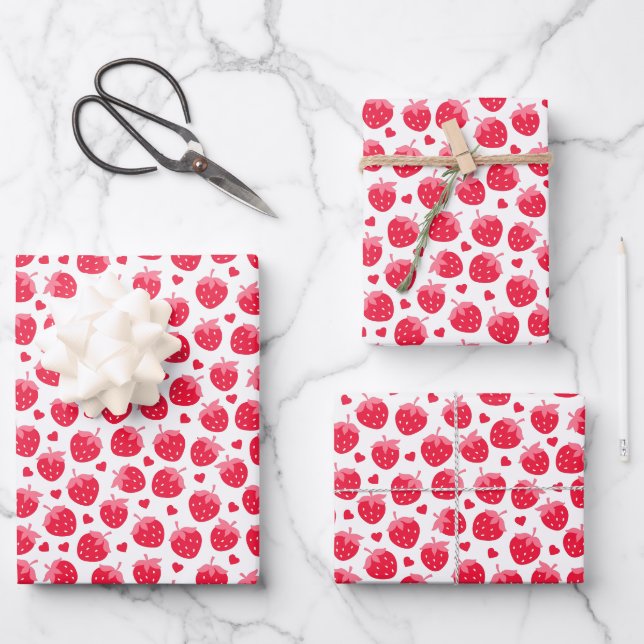 Feuille De Papier Cadeau Saint-Valentin Fraises rouges Coeurs rouges Blanc (Recto)