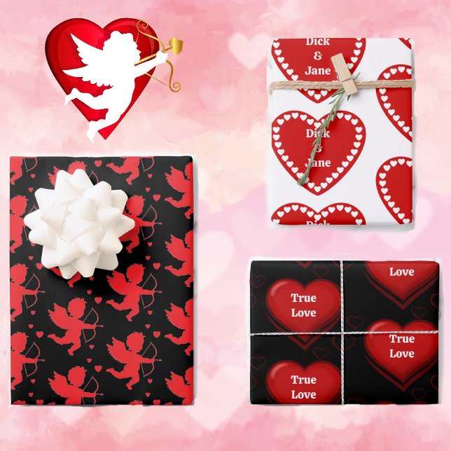 Feuille De Papier Cadeau Saint-Valentin Noms Coeurs Cupidons Rouge Blanc 3 (Créateur téléchargé)