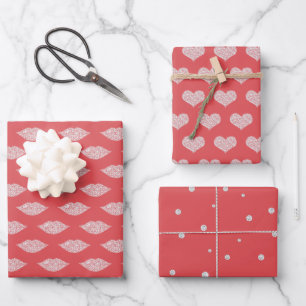 Feuille De Papier Cadeau Saint-Valentin Rouge Glam Diamants Lèvres Cœurs