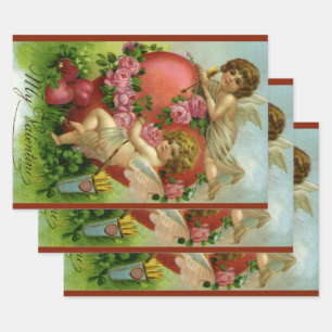 Feuille De Papier Cadeau Saint-Valentin Victorien Vintage Anges Cœur Rose