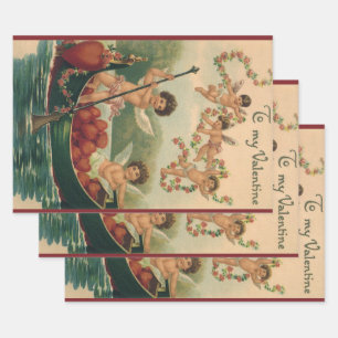 Feuille De Papier Cadeau Saint Valentin vintage, Cherubs victoriens en bate