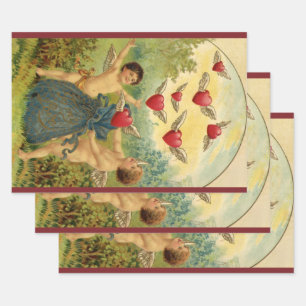 Feuille De Papier Cadeau Saint-Valentin vintage, cœurs de chérubins victori