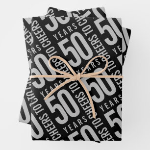Feuille De Papier Cadeau Salutations à 50 Anniversaire Argent Noir