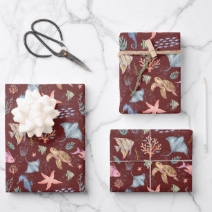 Feuille De Papier Cadeau Sangria Texturée Vie Océanique Aquarelle
