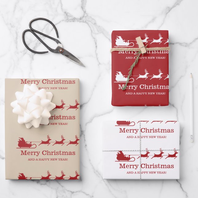 Feuille De Papier Cadeau Santa Claus Sleigh And Reindees & Custom Text (Recto)
