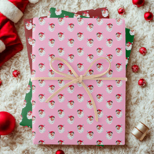 Feuille De Papier Cadeau Santa Claus visage rose vert rouge