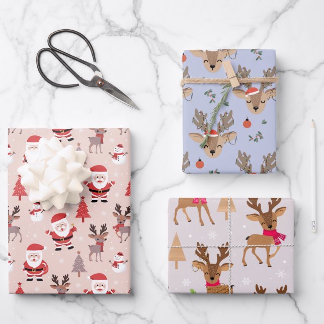 Feuille De Papier Cadeau Santas mignons et rennes (Recto)